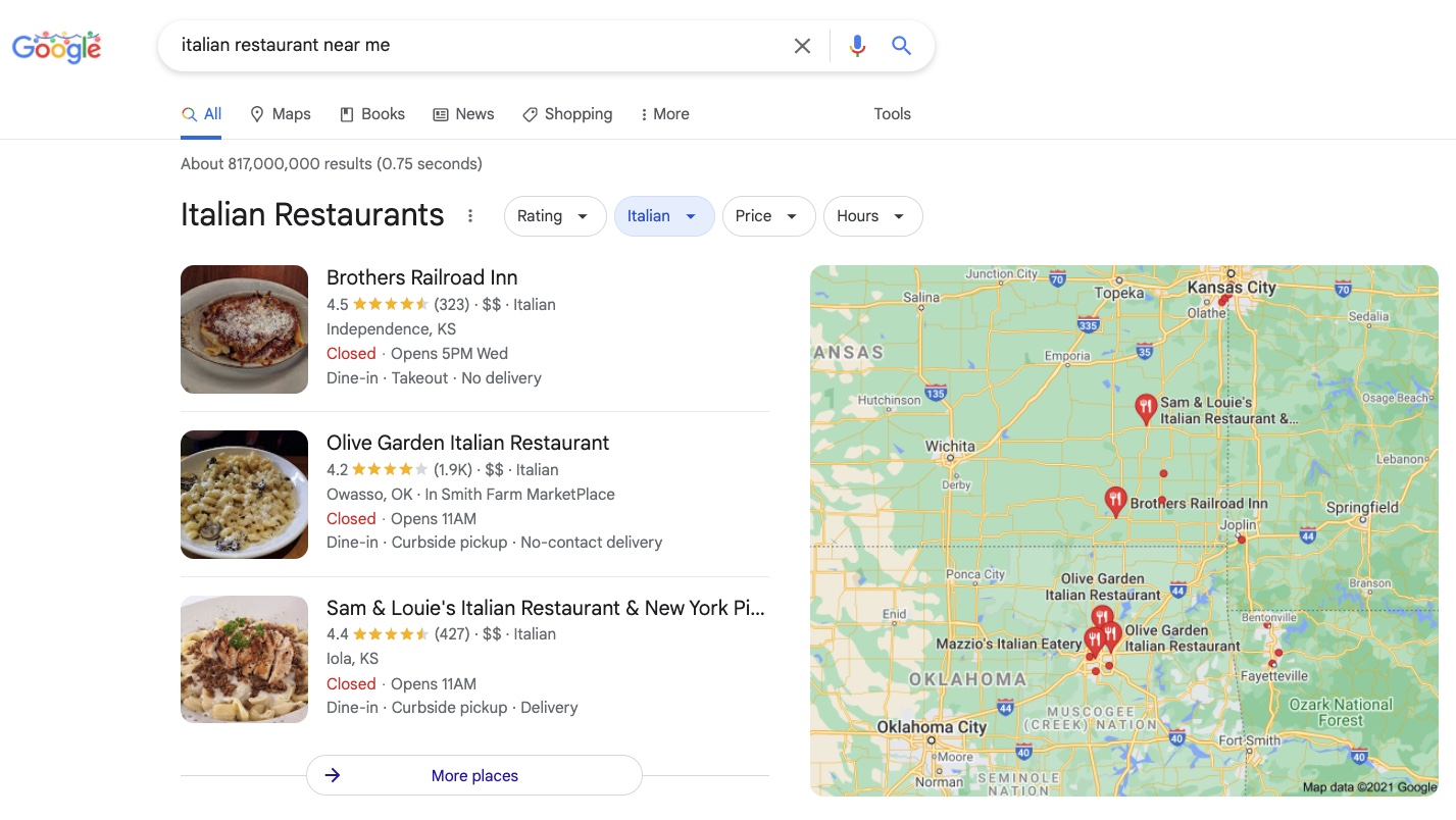 The screenshot shows an excerpt from Google, on which Google Maps and various Google Places are displayed in response to the search query "Italian restaurant near". These show three different Italian restaurants that are located near the user - in this case in Berlin.