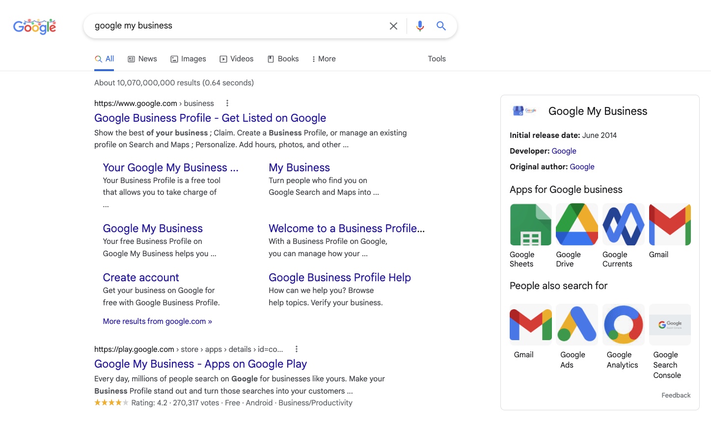 Here is a screenshot of the Google search results page. There we searched for the keyword "Google My Business". The first result is from Google itself, after that a user ask box appears. To the right of the normal search results is the info box.