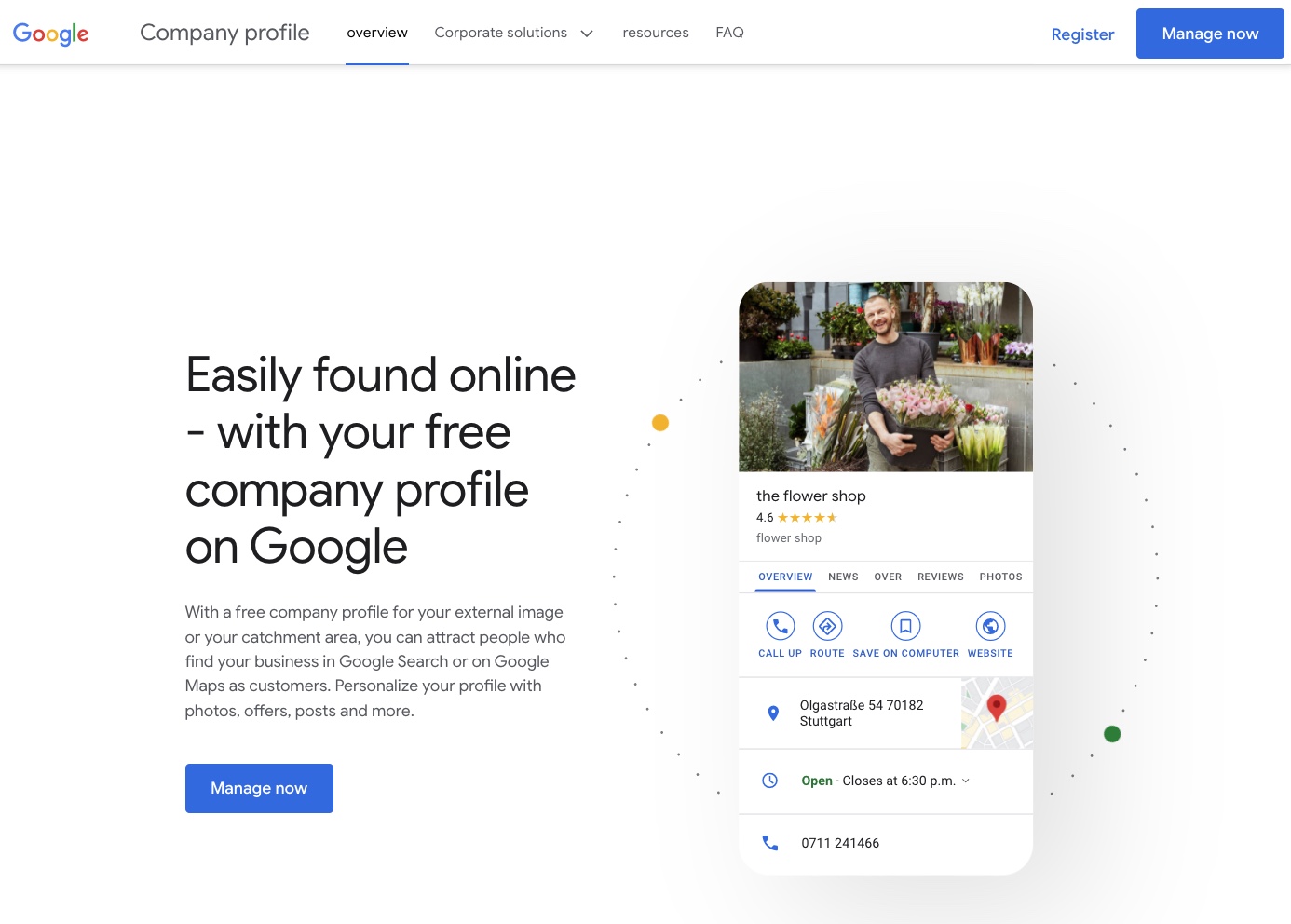 The image shows a screenshot of the Google My Business homepage. Here you will not only find the option to log in (top right), but you can also completely restart. You can find buttons for this in the upper right corner as well as in the middle of the image.
