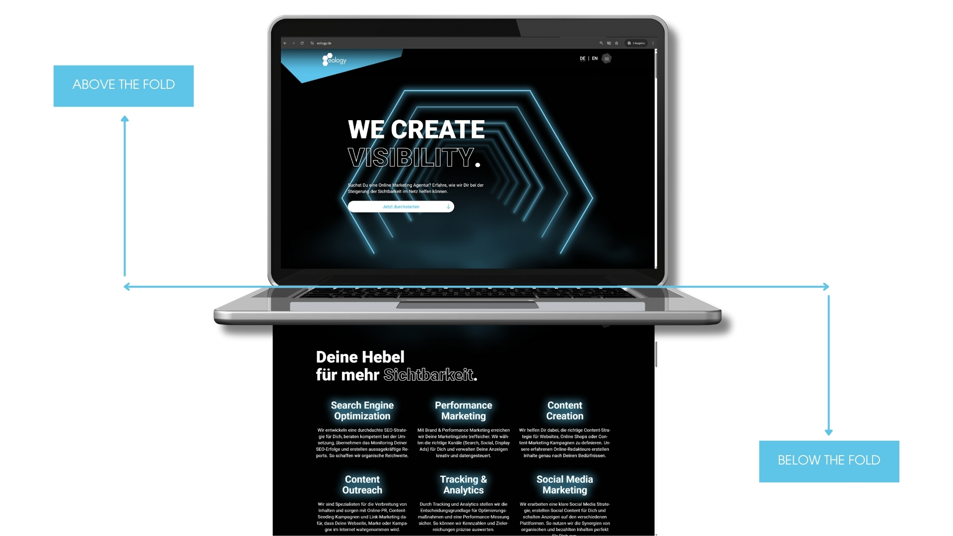 Depiction of a laptop screen displaying a website divided into two areas: ‘Above the Fold’ (the area visible when the page loads without scrolling) and ‘Below the Fold’ (the area below, visible after scrolling). The graphic distinction highlights the importance of the immediately visible section of the website for user experience and SEO.
