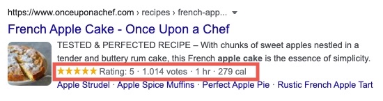 Example of a rich snippet for the search for apple cake