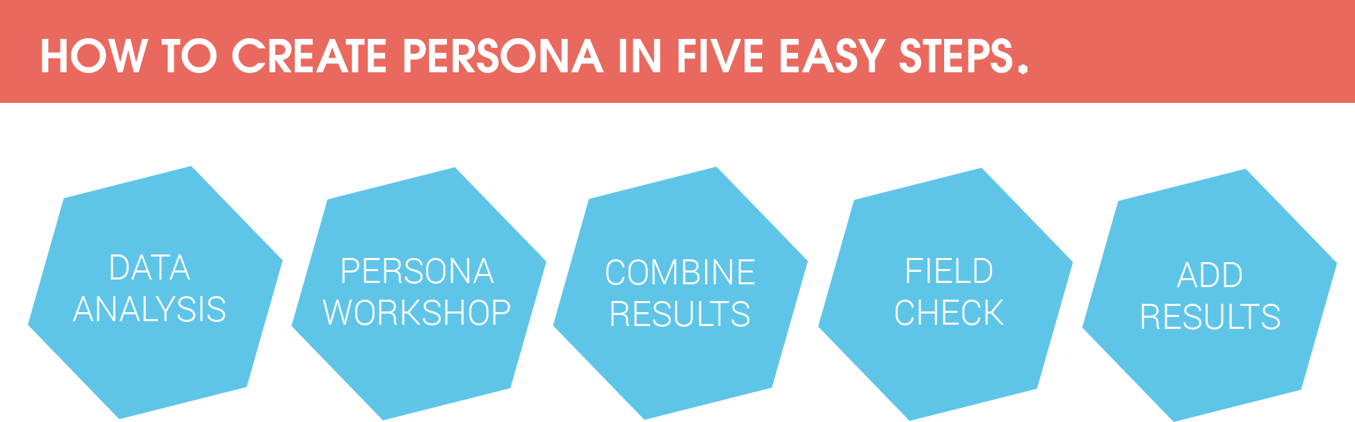 Develop a persona profile in five easy steps: 
1. data analysis 
2. persona workshop 
3. combine results 
4. field check 
5. add results
