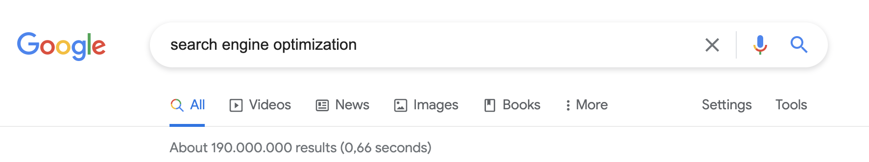 Searching the index for the keyword "search engine optimization" takes Google a little more than half a second and delivers 190 million results.