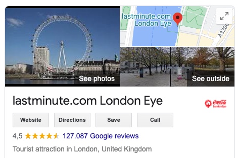 This screenshot shows a section of the London Eye's Google My Business listing. Below the website or route button, you will find the Google reviews that have already been submitted.