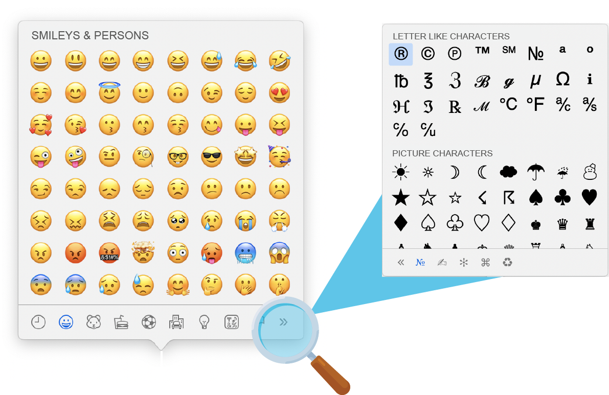 Inserting emojis and special characters into the snippet via keyboard shortcuts