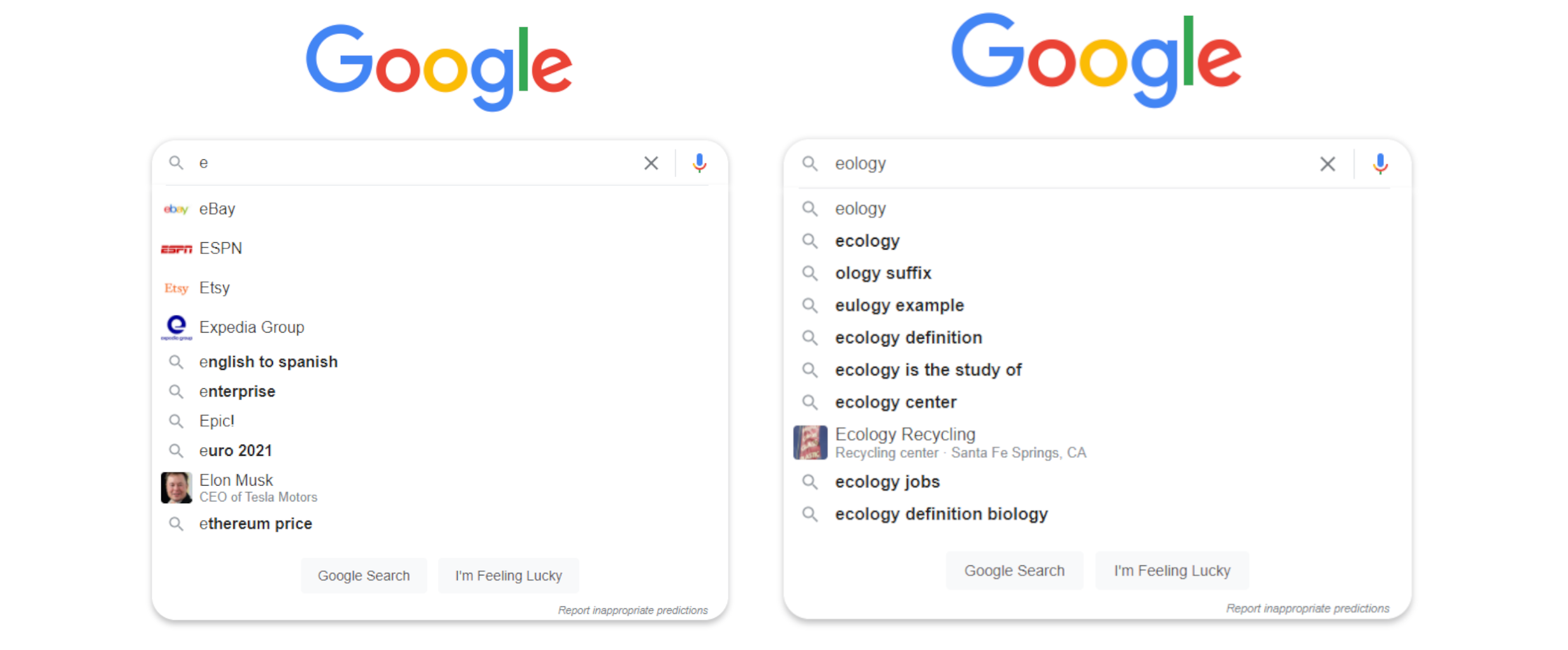 Google Suggests suggestions for the letter "E" and the keyword "eology"