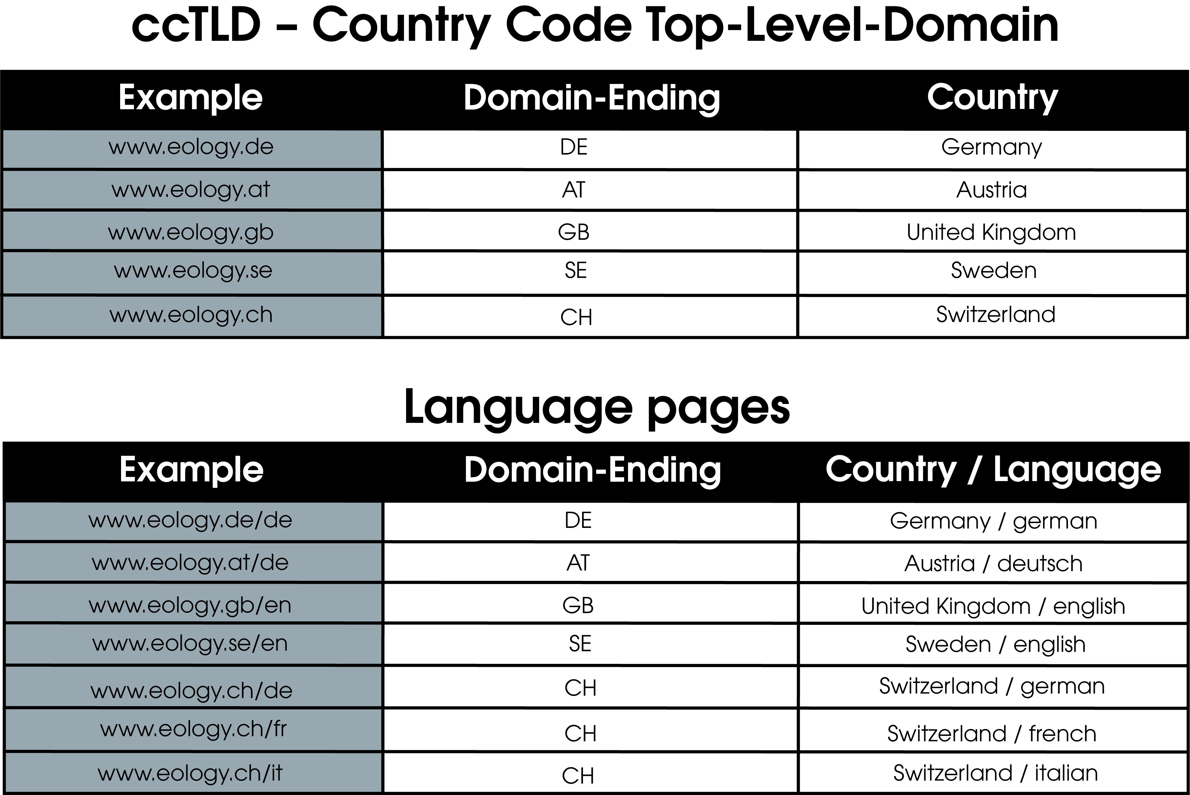 The image shows a tabular representation of how Country Code Top-Level Domains look like for the countries Germany, Austria, Great Britain, Sweden and Switzerland. It also shows possible forms of language pages for the above countries. 