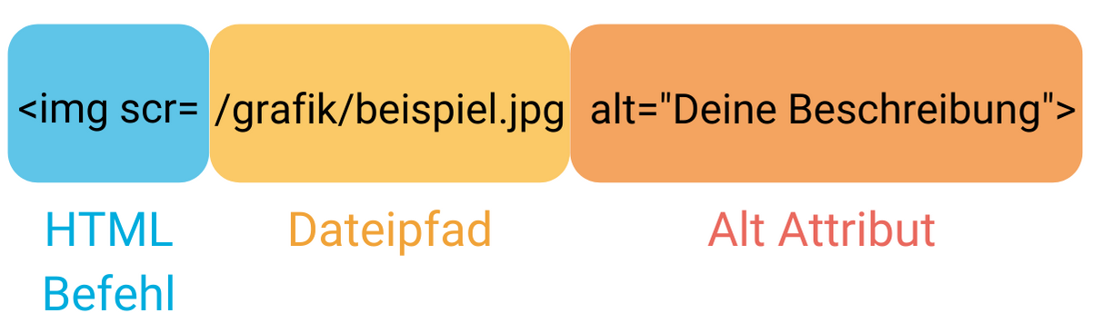 Zu Beginn des Tags steht „img scr“. Darauf folgt „/grafik/beispiel.jpg“. Hier wird der Link zum Ordner, in welchem die Grafik abliegt, angezeigt. Anschließend folgt das Alt Attribut mit „alt=Deine Beschreibung“.