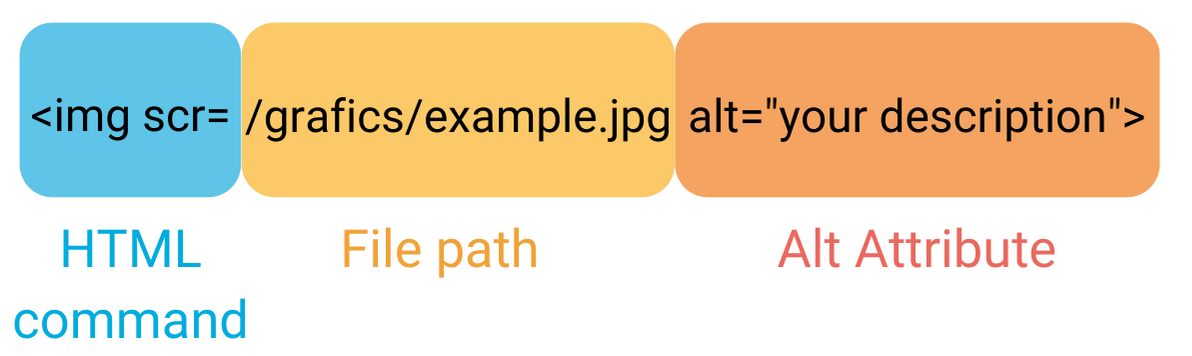 At the beginning of the tag is "img scr". This is the HTML command to access a defined location. This is followed by "/grafics/example.jpg". This is the link to the folder where the graphic is stored. Then follows the alt attribute with "alt=your description".