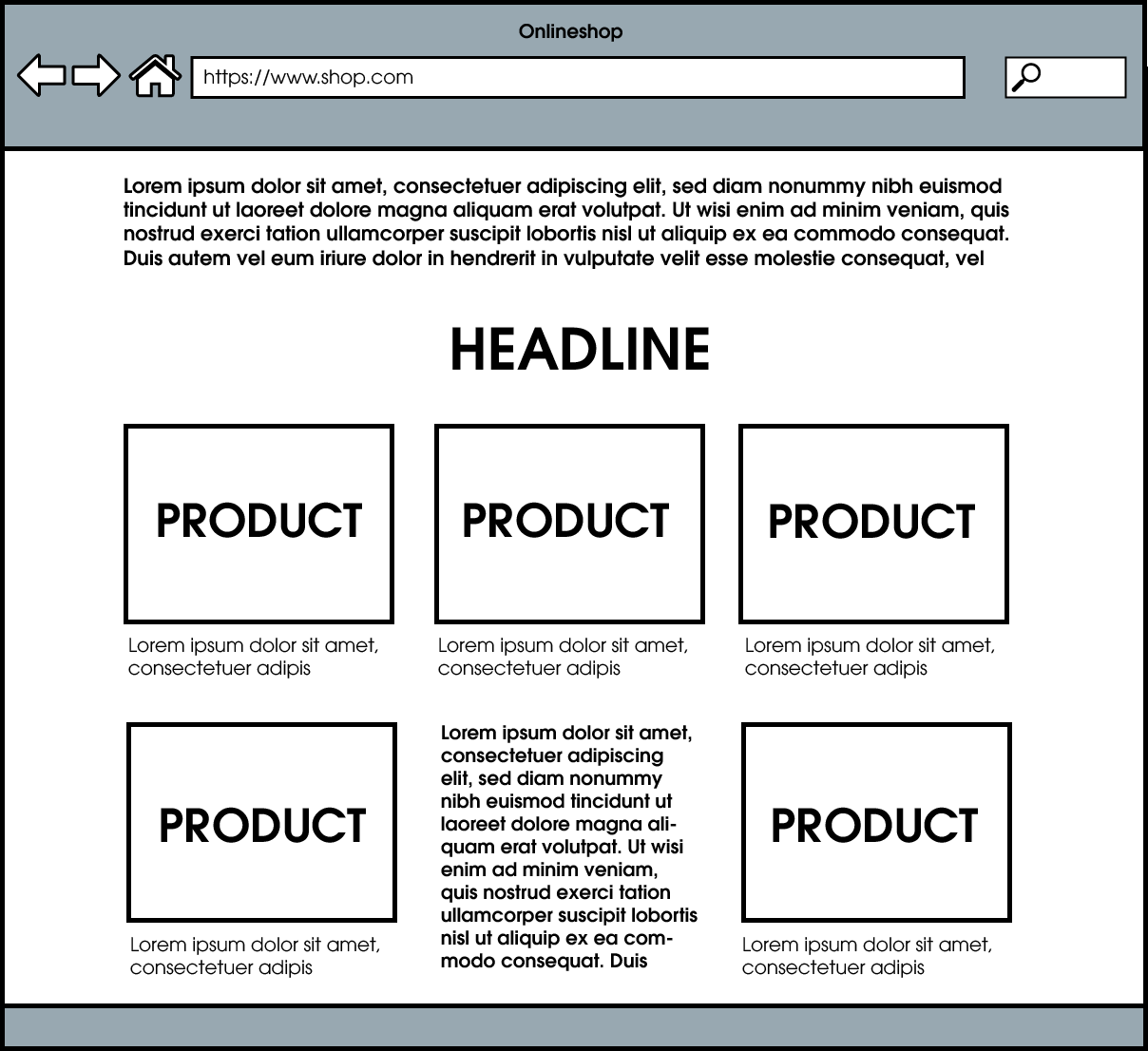 The graphic shows a representation of a wireframe with browser line, sample text, headline and product tiles.