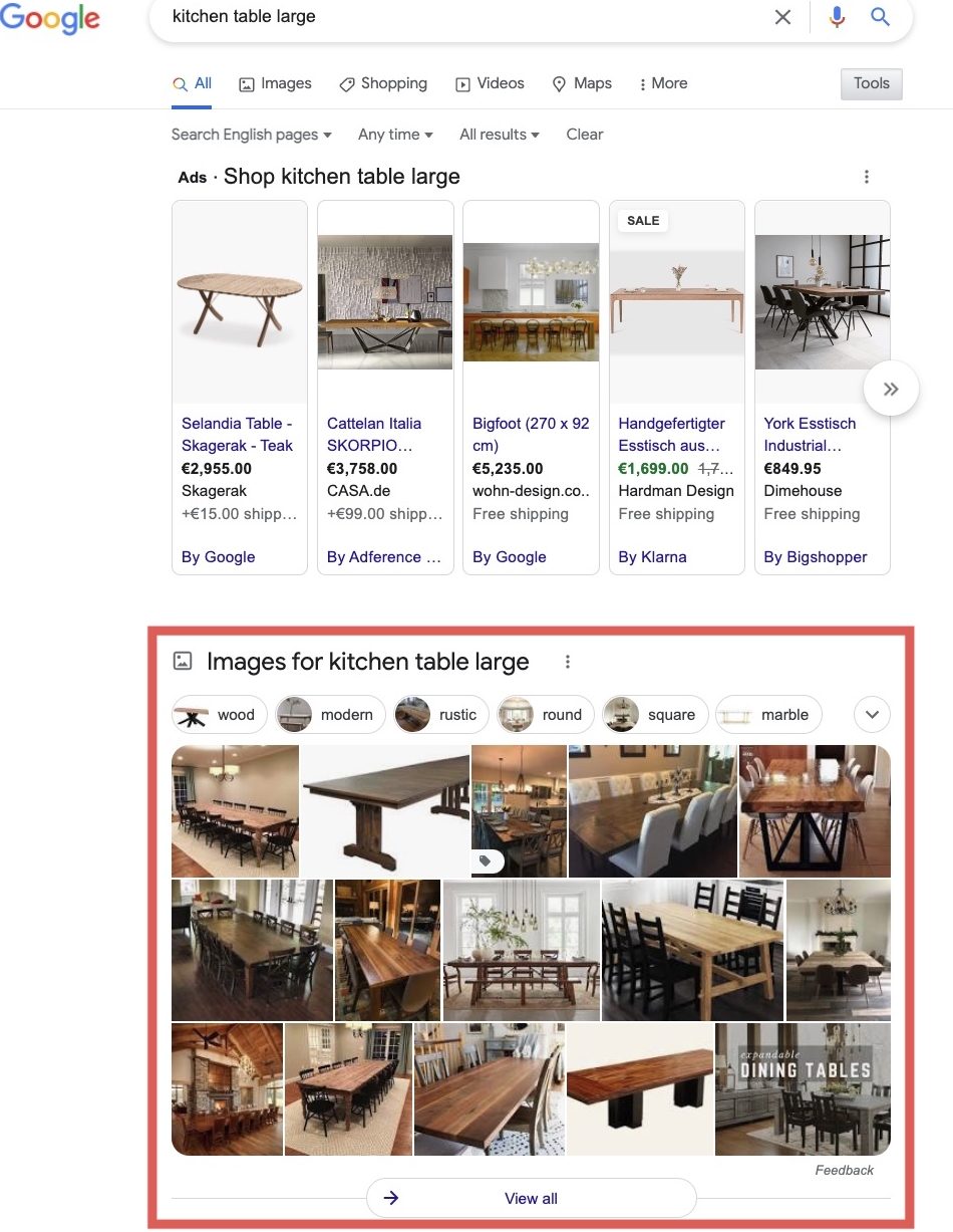 The image shows a screenshot of the SERPs for the search query "kitchen table large". Here, the Google Image Search is prominently presented to the user (framed in red). Therefore, it makes sense to optimize images so that they can be placed here.