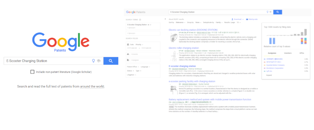 The graphic on the left shows the search mask of Google Patents, which is structured in the same way as the usual Google search mask. On the right, the search results for the selected example "e-scooter charging station" are displayed.