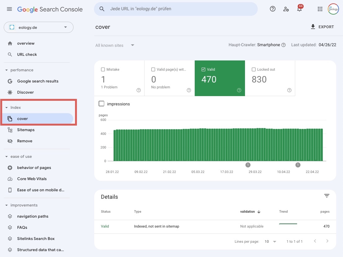 The image shows you where you can get insights into indexed URLs in Google Search Console. For this you have to click on the "Cover" section in the "Index" area.