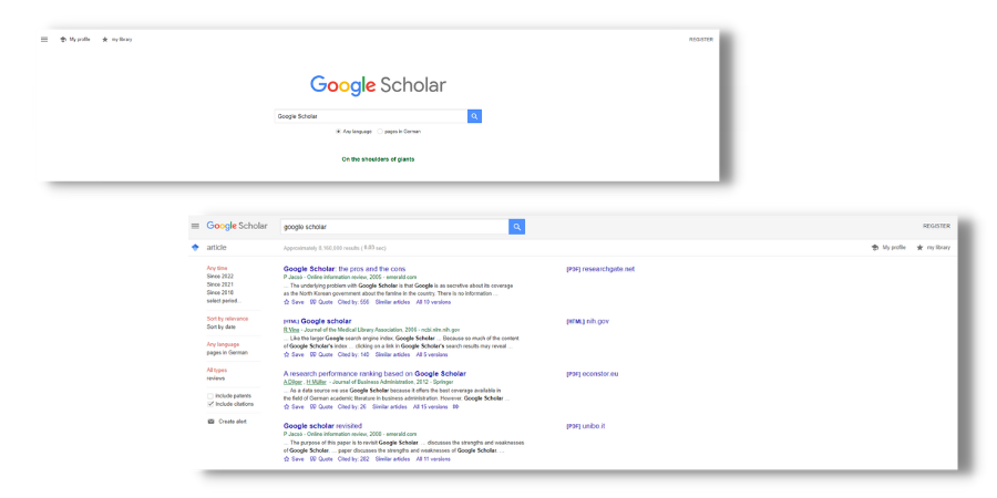 The image shows two screenshots. The first one shows the search mask of Google Scholar. The second screenshot shows a view of the search results.