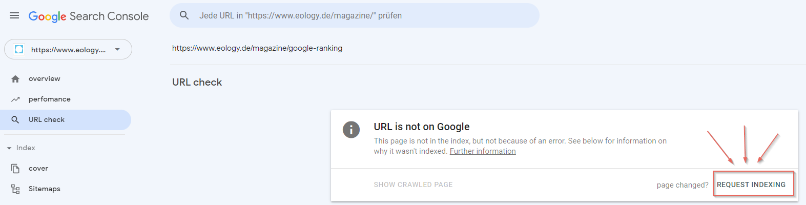 The screen shows the last step for indexing a new URL.