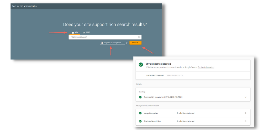 The image shows two screenshots of the Google test for rich search results. In the first screen you can see the overview for entering the URL to be tested, in the second screen the results after testing.