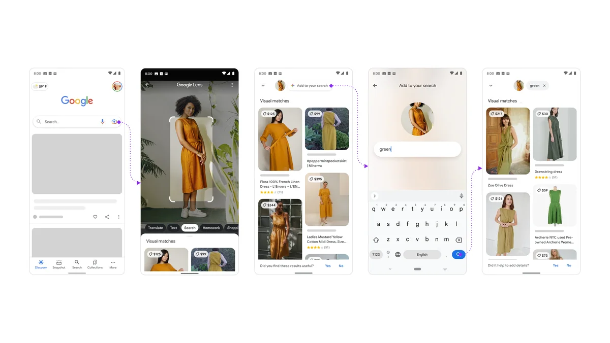 Google Lens multisearch example: Take a photo of a dress and search for matching green versions—with price comparison - by adding the text "green."