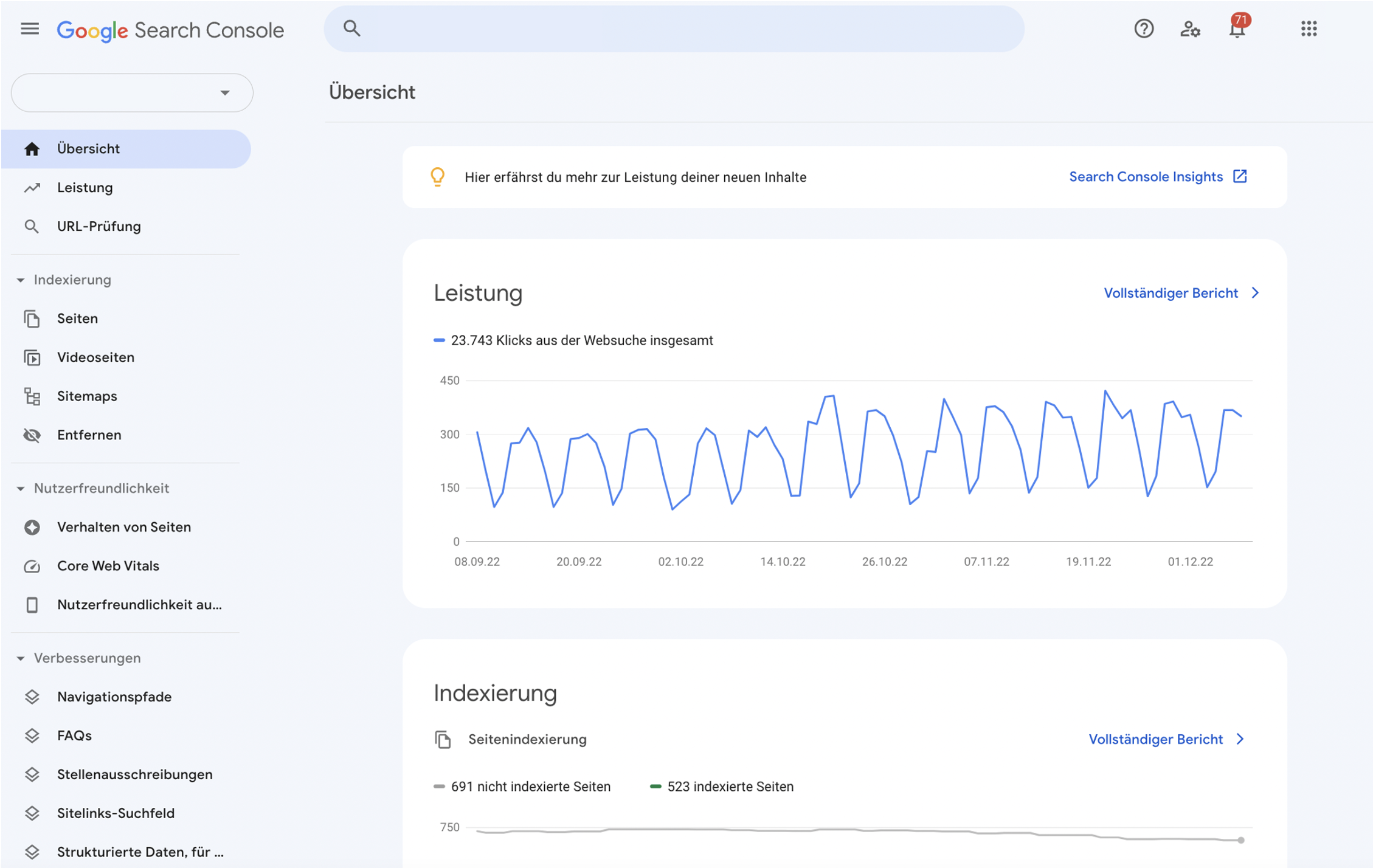 Beispiel Google Search Console Dashboard