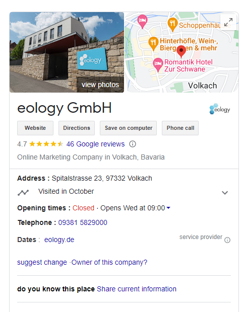 The image shows the Google Knowledge Panel from eology.