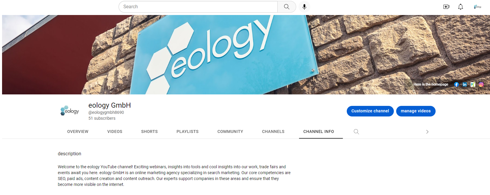 The image shows the channel info using eology's YouTube channel as an example.