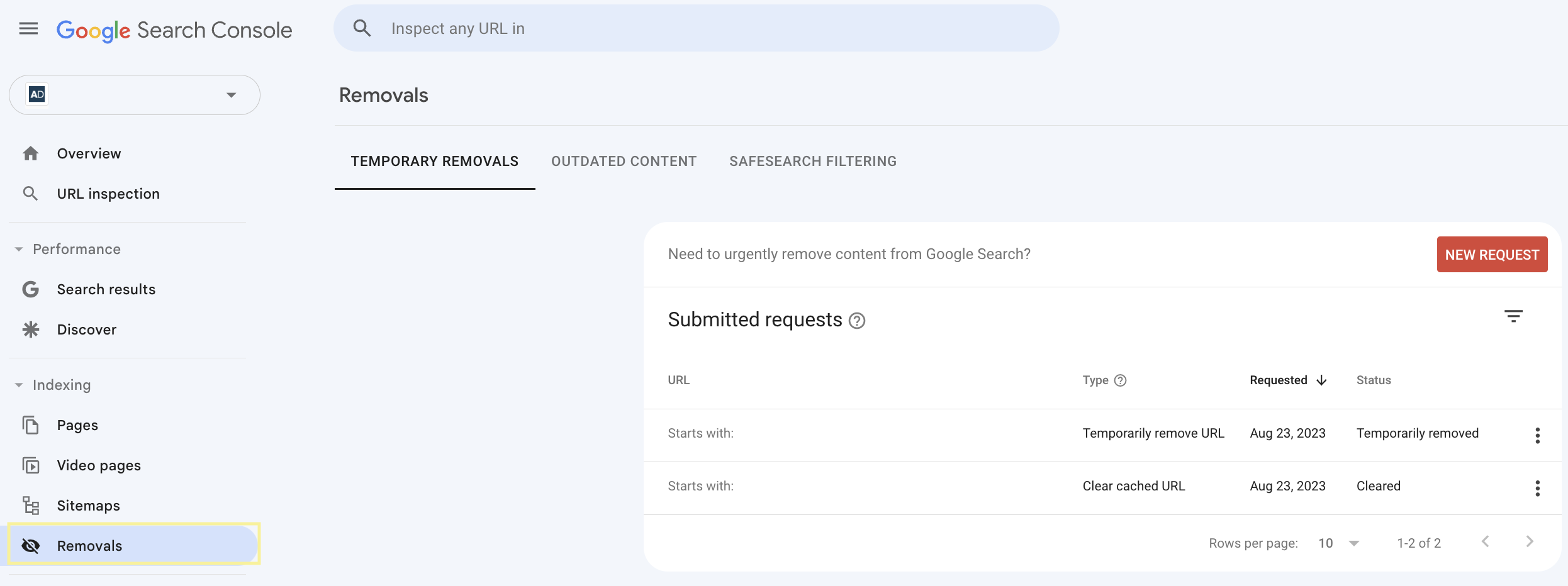 Screenshot of Google Search Console Remove URLs  