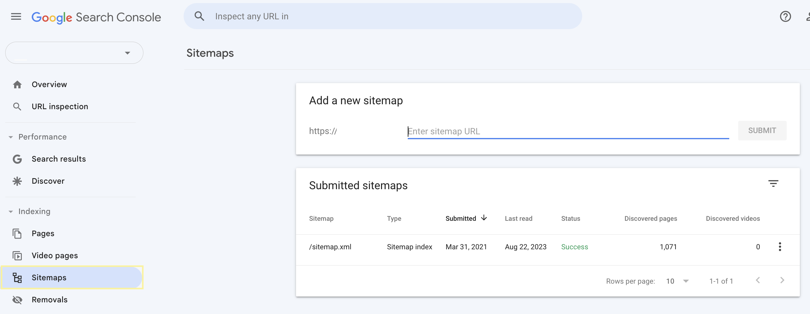 Screenshot of the Google Search Console Sitemaps overview  